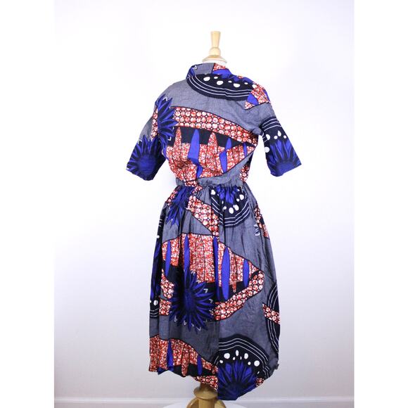 African Ankara midi dress button short sleeve handmade print blue dot sz S/M - Picture 3 of 8